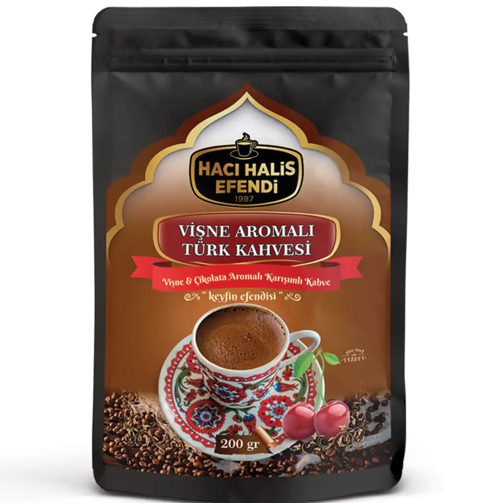 Ürün görseli: Hacı Halis Efendi Vişne ve Çikolata Aromalı Türk Kahvesi 200 gr Yumuşak İçimli Doypack