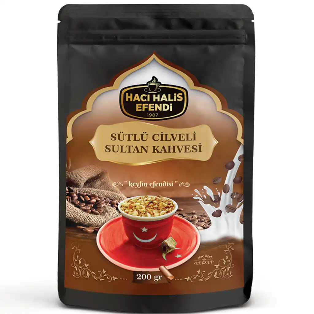 Ürün görseli: Hacı Halis Efendi Sütlü Cilveli Sultan Kahvesi Seti 200 gr + Özel Karışım Kuruyemiş 200 gr Set