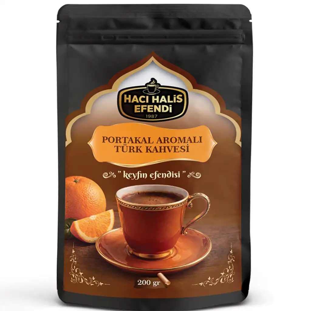 Ürün görseli: Hacı Halis Efendi Portakal ve Çikolata Aromalı Türk Kahvesi 200 gr Yumuşak İçimli Doypack