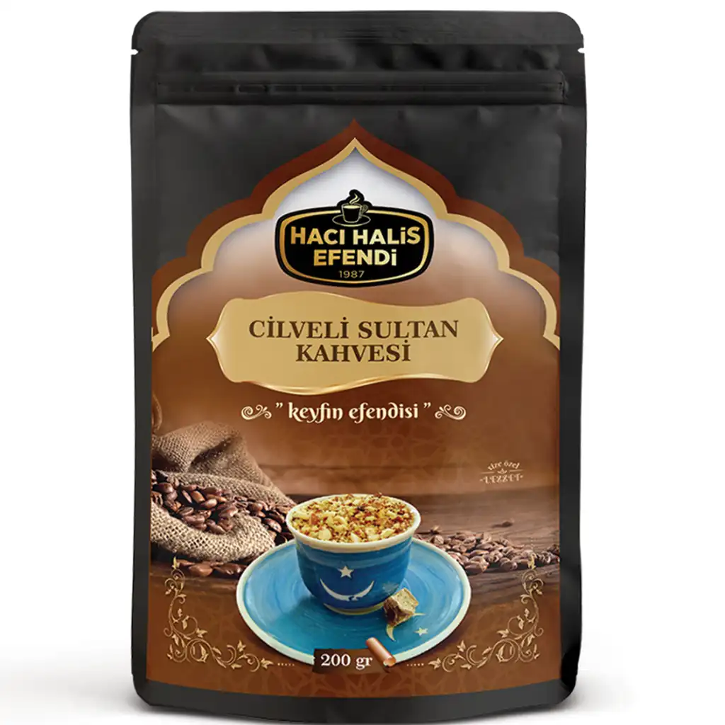 Ürün görseli: Hacı Halis Efendi Sade Cilveli Sultan Kahvesi Seti 200 gr + Cilveli Sultan Özel Karışım Kuruyemiş 200 gr Set